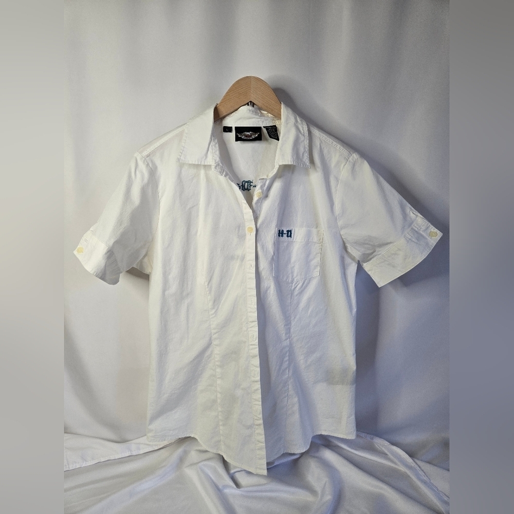 Vintage Harley-Davidson Women’s Short Sleeve Shirt White with Blue HD Size Large